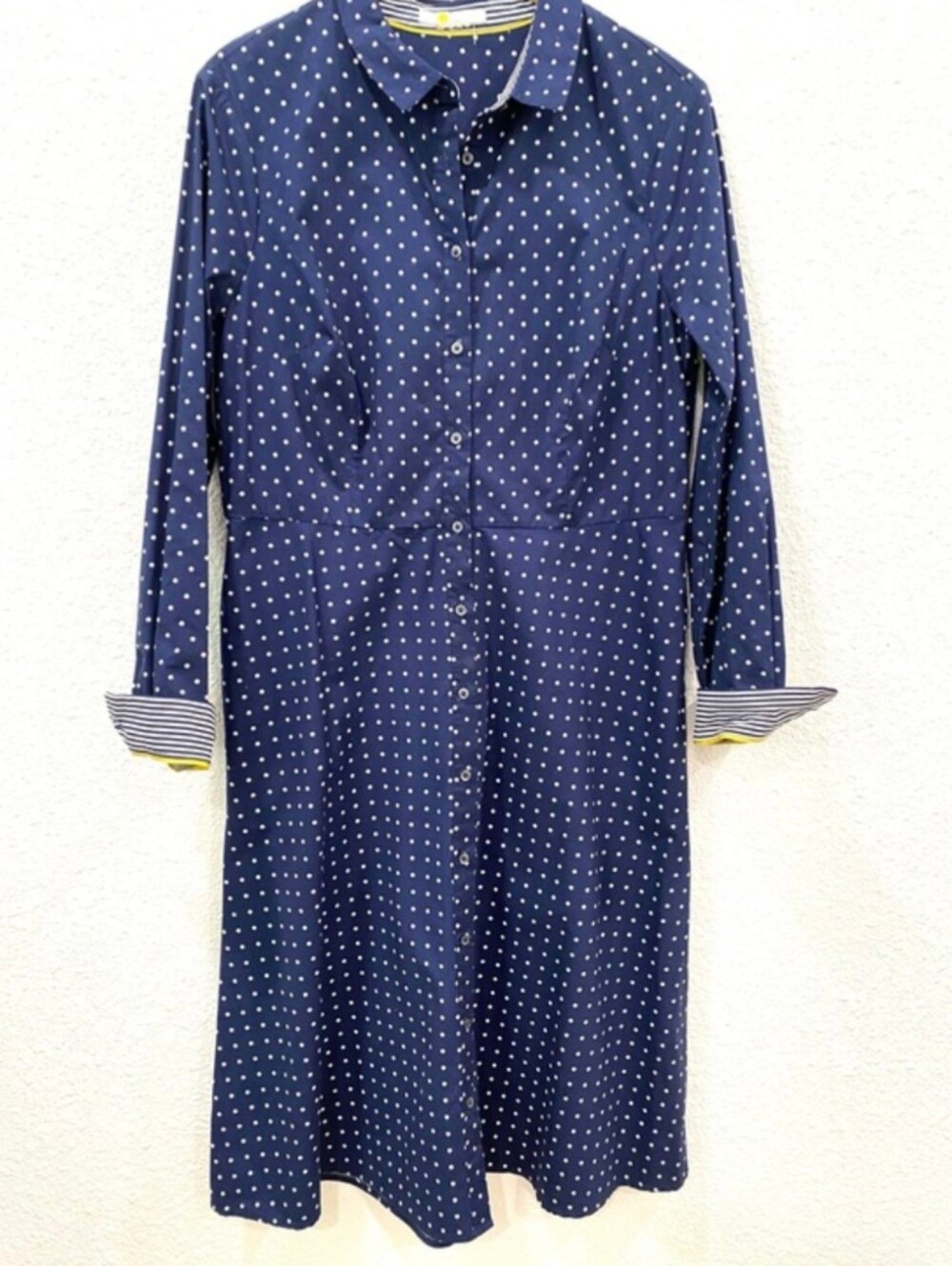 Boden XL Navy White Polka Dot Button Front Midi Shirt Dress Work Old Money - Picture 2 of 9